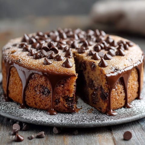 Un gâteau aux pépites de chocolat est présenté sur un plateau, avec une portion de chocolat fondu qui enveloppe le dessert.