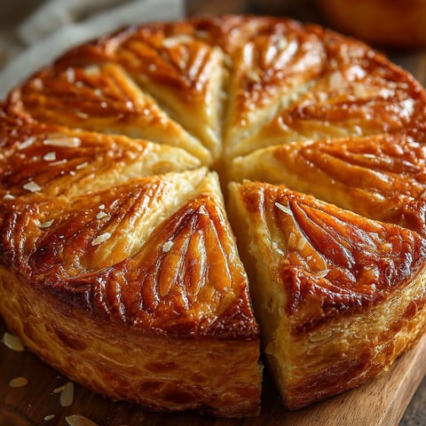 Une galette des rois traditionnelle est servie sur une table.