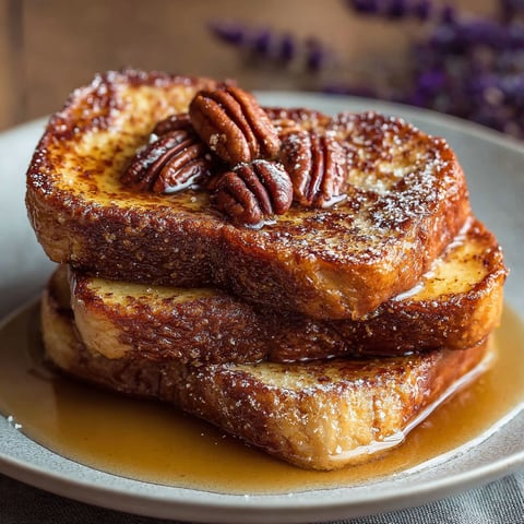 Une pile de brioche perdue aux noix de pécan sur un plateau.