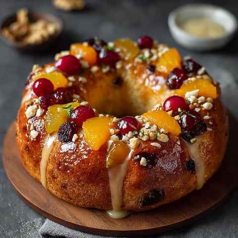 Une couronne des rois végétale, garnie de fruits et de noix, est servie sur un plateau.