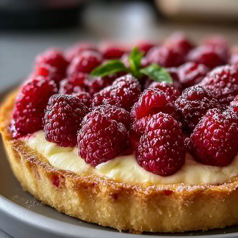 Une tarte onctueuse au mascarpone et framboises, garnie de framboises fraîches, est servie sur un plateau.