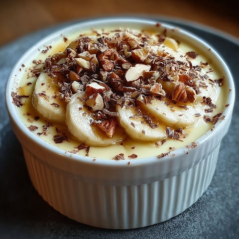 Un dessert léger et fruité, la crème banane maison, est présenté dans un bol en verre.