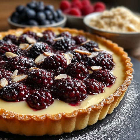 Une tarte briochée aux mûres et à la crème d'amandes est servie sur une table.