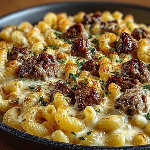 Une casserole de Coquillettes au Bœuf et à la Crème, servie dans un bol noir.