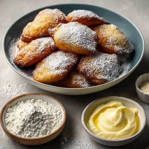 Une assiette de Bugnes Légères au Four, avec des poudres de sucre et des pots de beurre.