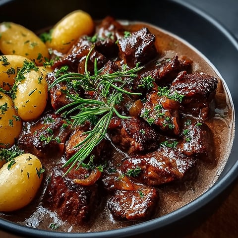 Une image de la Carbonade Flamande Authentique, un plat traditionnel belge, est servie dans un bol noir.