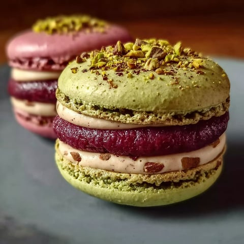 Les macarons framboise pistache sont délicieux et colorés.
