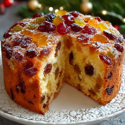 Une partie d'un gâteau de Noël aux fruits confits, avec des cerises et des raisins.