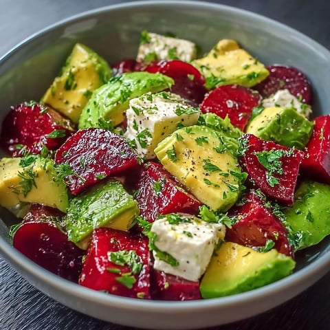Une salade de betteraves, avocat et feta dans un bol.
