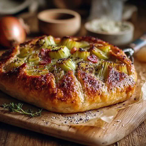 Une pâte de pizza facile avec des poireaux et du comté.