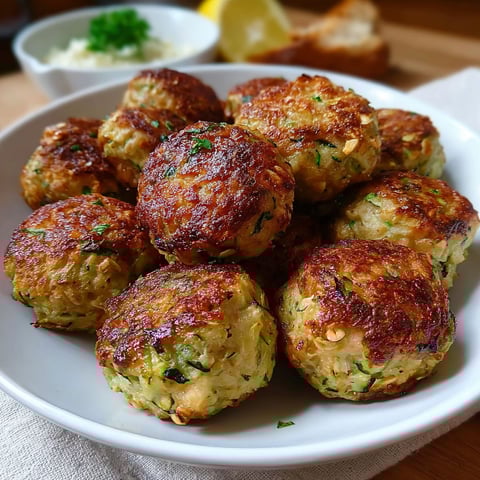 Boulettes légères courgette-avoine sur un plateau.
