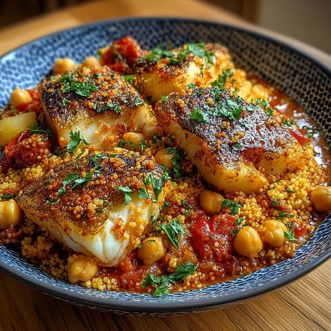Un plat de couscous avec des poissons épicés et des pois chiches.