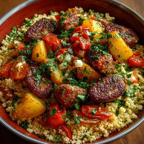 Une assiette de couscous au poisson épicé, remplie de légumes et de viande, est servie sur une table.