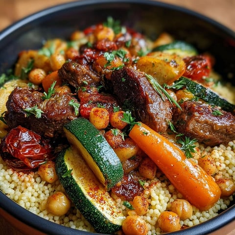 Un plat de couscous avec des légumes grillés et des viandes.
