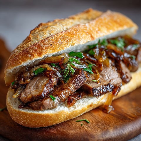 Un sandwich français à l'agneau et oignons caramélisés, avec des herbes fraîches pour une touche supplémentaire de saveur.
