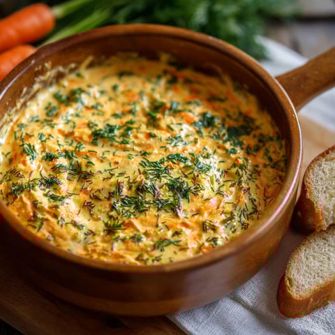 Une sauce crémeuse est servie dans un bol en terre, accompagnée de pain grillé et de légumes verts.