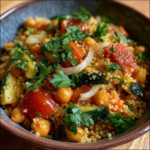 Une assiette de couscous végétarien aux légumes et pois chiches, avec des légumes tels que des carottes, des poivrons et des épinards, ainsi que des pois chiches.