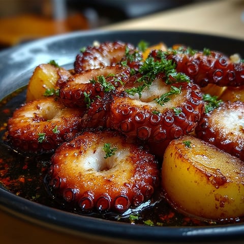 Un plat de pulpo a la gallega, avec des légumes et des épices pour une saveur unique et délicieuse.