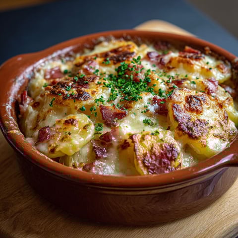 Un plat de gratin au fromage et aux pommes de terre, servit sur une table noire.