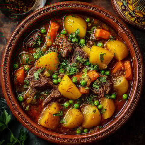 Une recette de Tajine est servie dans un bol coloré avec des légumes et des viandes.