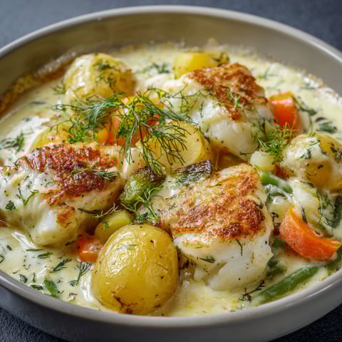 Une cassolette de poisson et légumes, servie dans un bol.