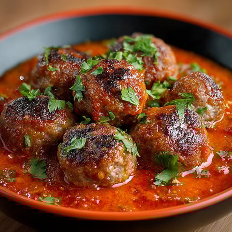 Plate of meatballs in a tomato sauce.