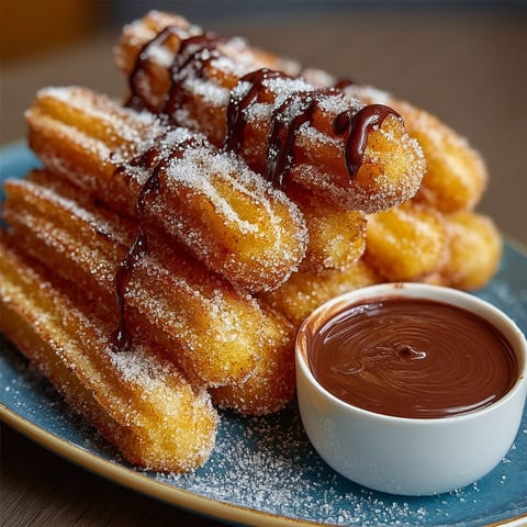Une délicieuse sélection de churros con chocolate, accompagnée d'une sauce chocolat fondu, sur un plateau coloré.