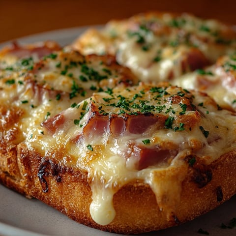 Une tostada de jamon et queso gratinée, servie sur un plateau.