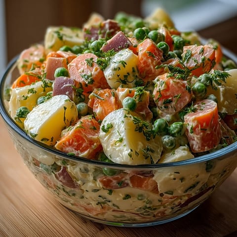 Une salade riche et colorée, composée de légumes tels que des carottes, des pois et des pommes de terre, est servie dans un bol sur une table.