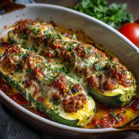 Une recette de courgettes farciees de sauce tomate et de viande.