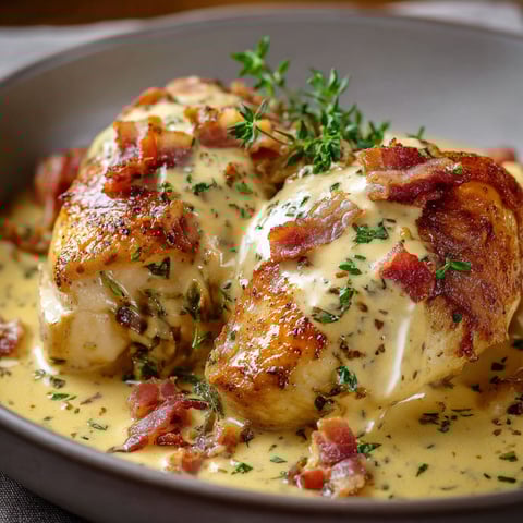 Chicken with bacon and herbs in a creamy sauce, a dish called "Délice".