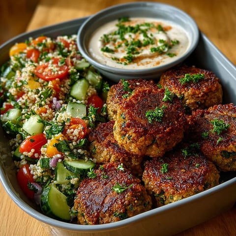 Une assiette de falafels croustillants, taboulé frais et sauce tahini.