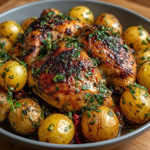 Un plat de poulet rôti aux herbes et pommes de terre grenaille.