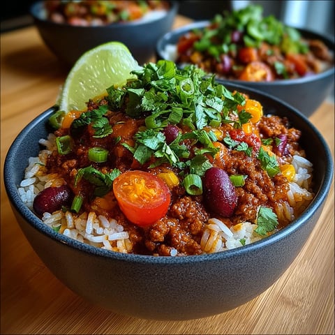 Une recette de chili con carne tex-mex au riz, servie dans un bol sur une table de bois.