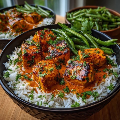 Une recette de poulet tikka masala léger, riz basmati et haricots verts est servie dans un bol sur une table.