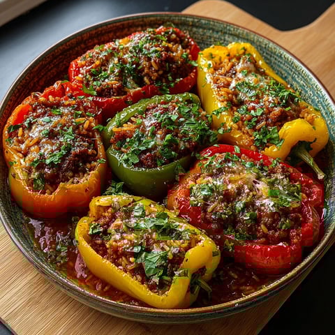 Un plat de poivrons farcis bœuf et riz à la sauce tomate.