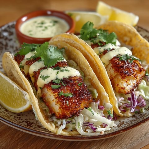 Tacos de poisson croustillant sauce aïoli citronnée, avec des légumes frais et des citrons.