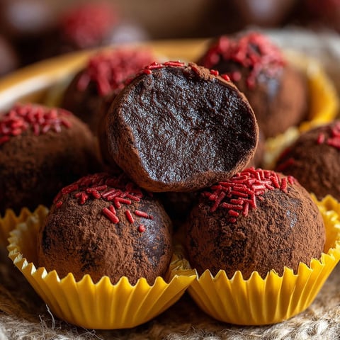 Une boîte de truffes chocolatées sans four aux vermicelles rouges.