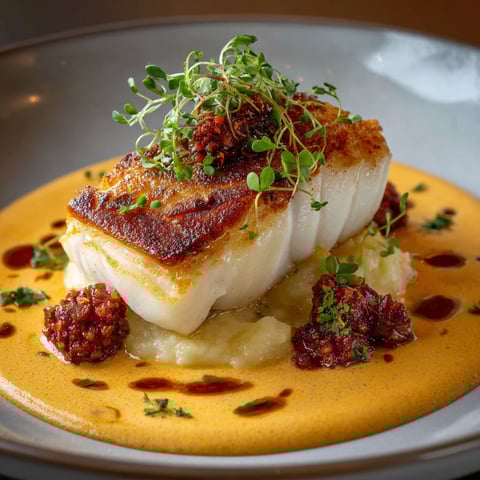 Dos de poisson avec des légumes et des herbes sur une assiette.