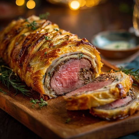 Une recette de galette de viande est servie sur un plateau de bois.