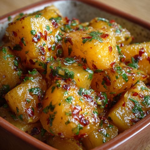 Une assiette de pommes de terre fondantes sauce épicée ail herbes.