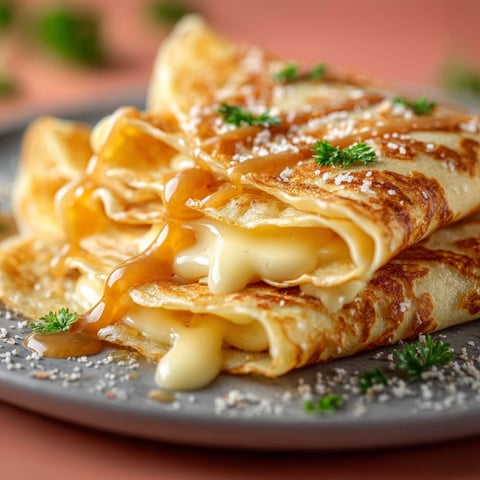 Une crêpe au fromage fondant, garnie de herbes et sauce, est servie sur un plateau.