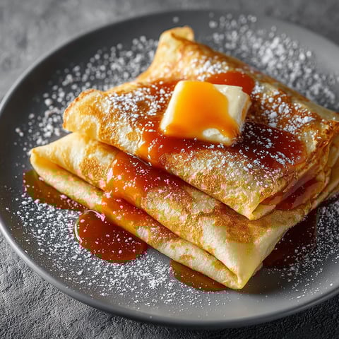 Une pile de crêpes au caramel au beurre salé sur un plateau.