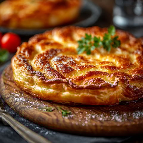 Une galette bretonne traditionnelle est servie sur une table avec des tomates et des herbes fraîches.