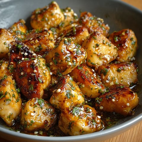 Bouchées de poulet caramélisées, ail et persil, dans un bol sur une table.