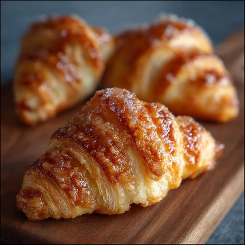 Mini croissants pomme et cannelle sur une planche de bois.
