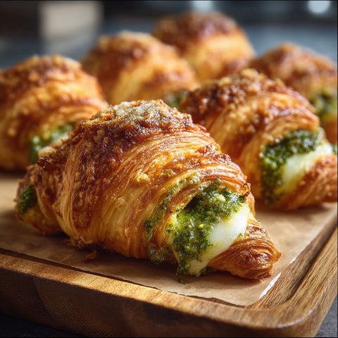 Des mini-croissants pesto et mozzarella sur une planche de bois.