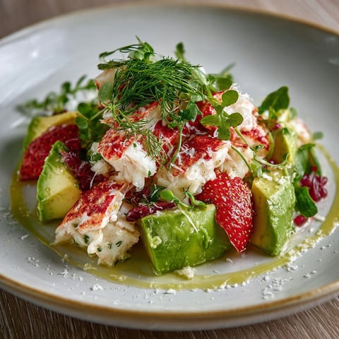 Une salade de crabe et avocat est servie sur un plateau en céramique.