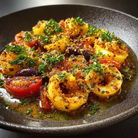 Une assiette de Calmars à la Provençale, avec des tomates, des herbes et des épices, sertie sur un plateau noir.