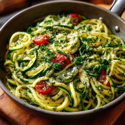 Une poêle contenant des nouilles de courgettes au pesto.
